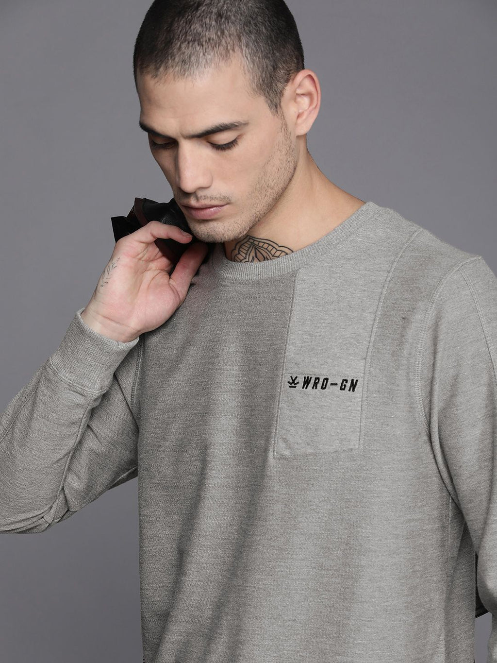 WROGN Men Grey Melange Embroidered Sweatshirt