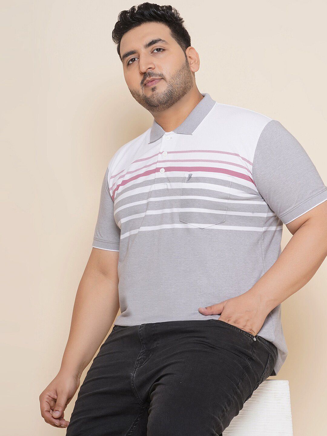  John Pride Plus Size Striped Polo Collar Pure Cotton T-shirt