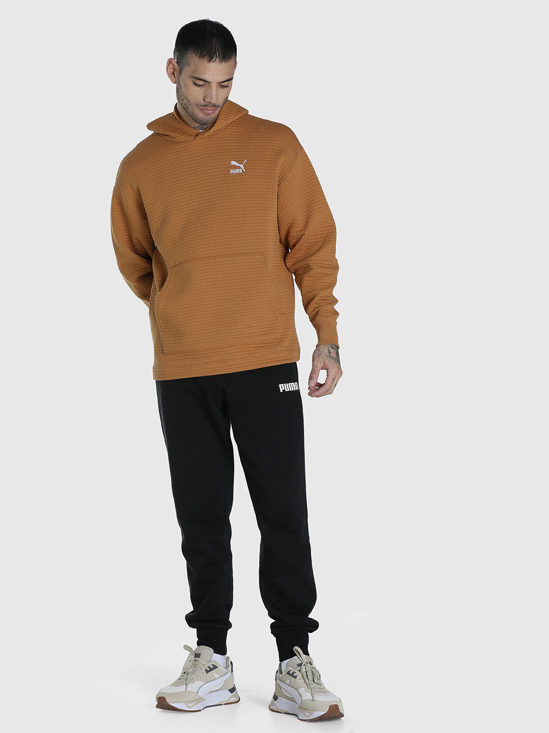  Puma Men Brown Checked Classics Quilted Relaxed Fit Hoodie Sweatshirt