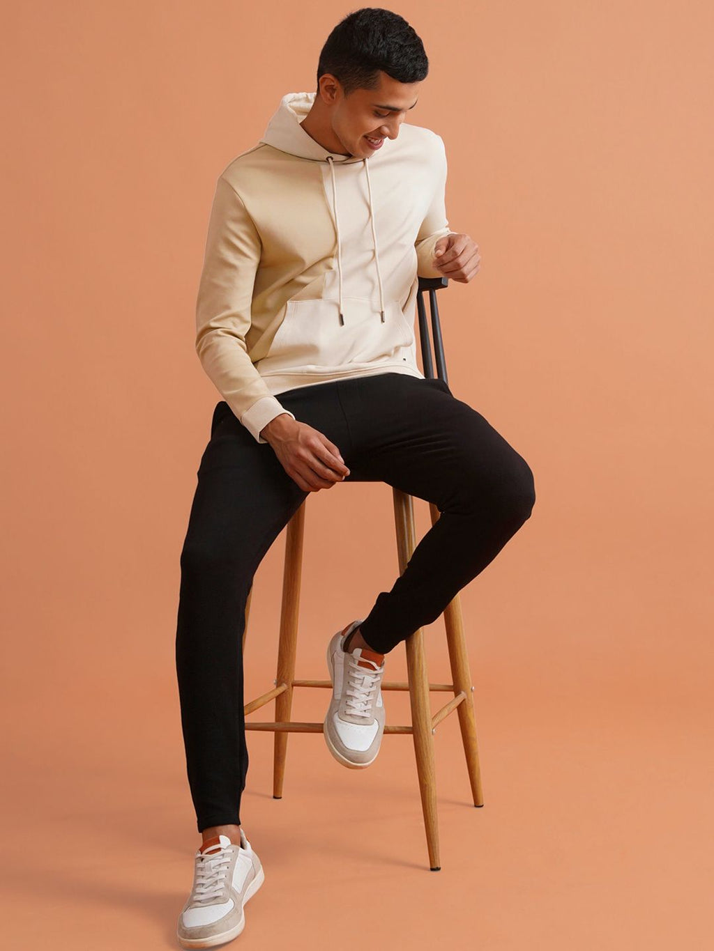  DAMENSCHMen Solid Beige Cotton Regular Fit Colorblock Sweatshirt