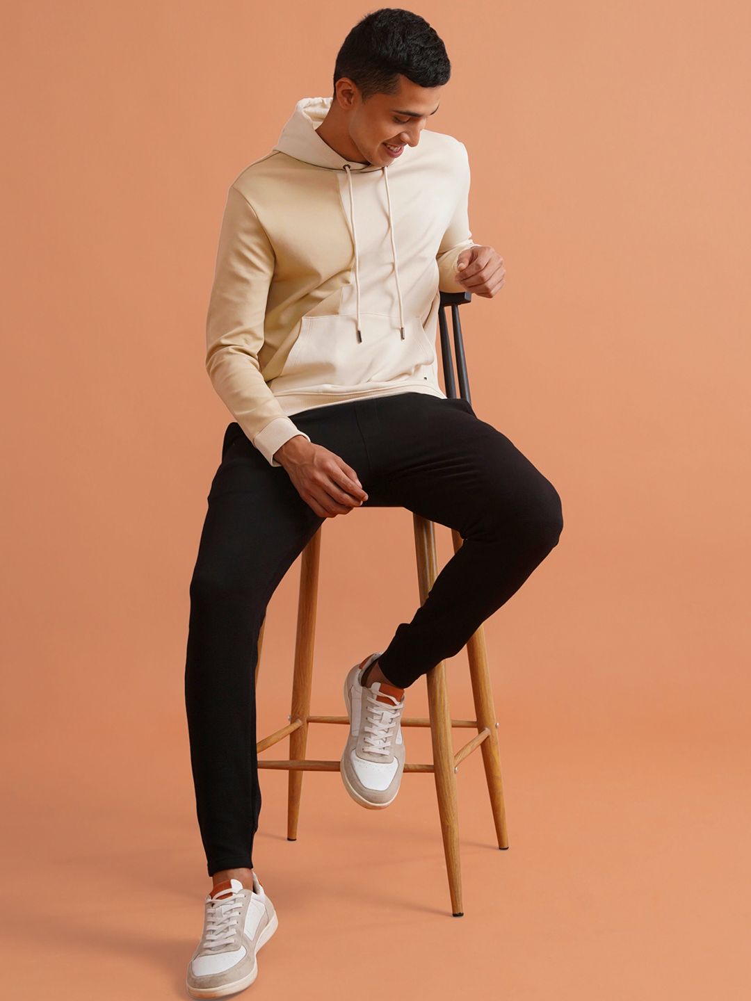  DAMENSCHMen Solid Beige Cotton Regular Fit Colorblock Sweatshirt