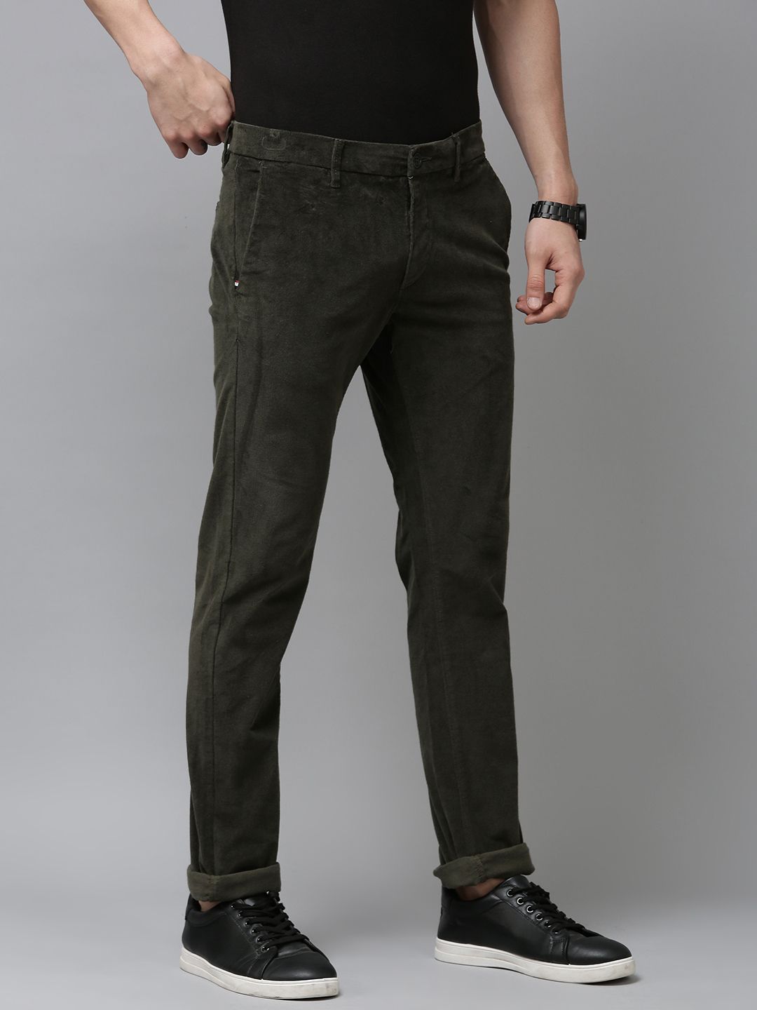  U.S. Polo Assn. Men Olive Green Slim Fit Corduroy Trousers