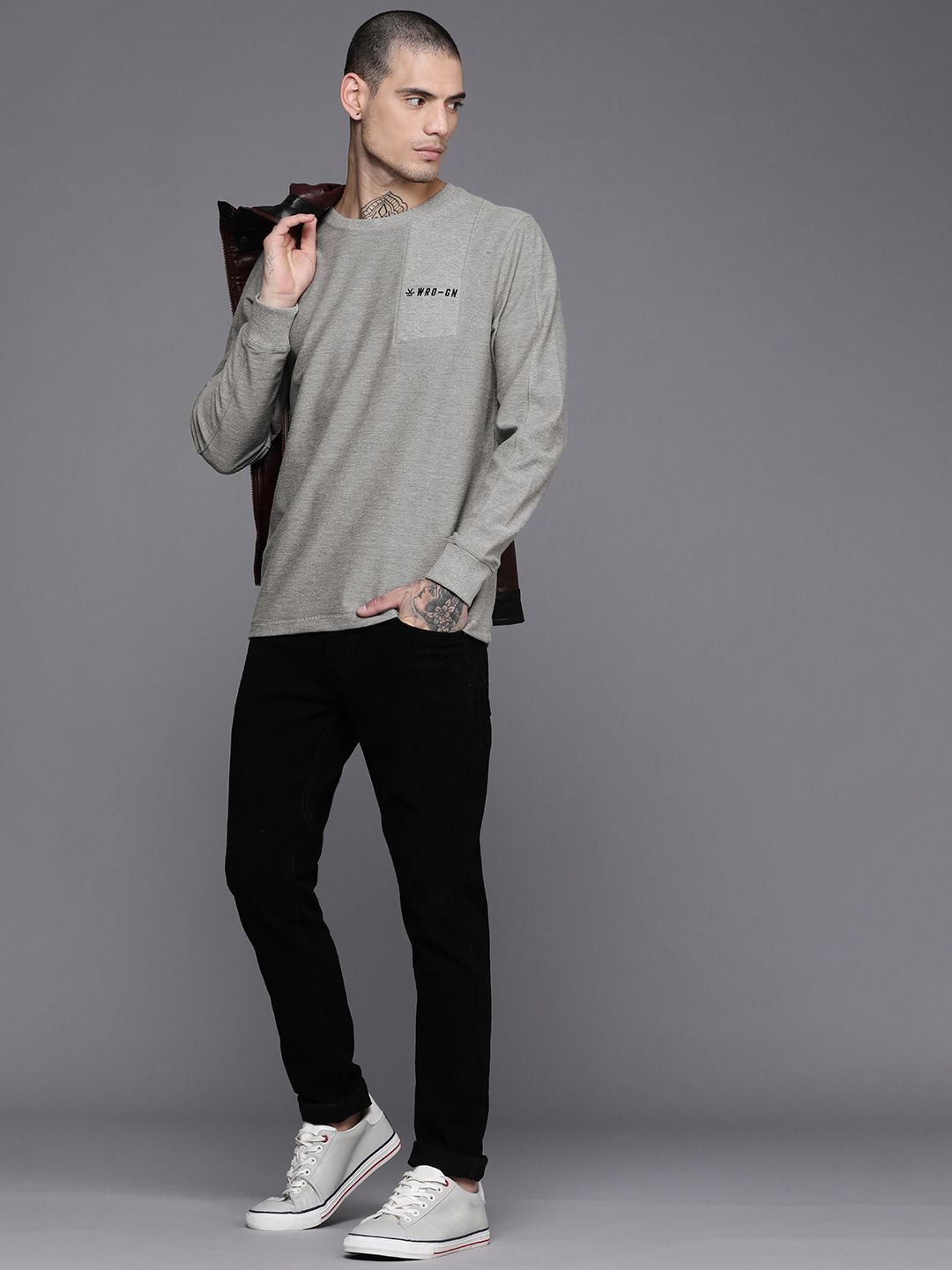  WROGN Men Grey Melange Embroidered Sweatshirt