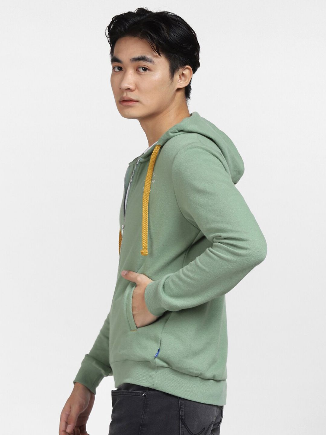  Jack & Jones Men Green Hooded Front Open Sweatshirt