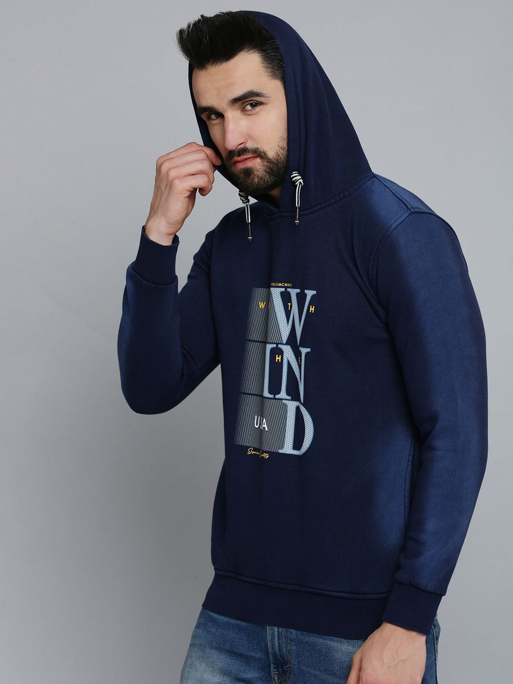  SHOWOFF Men Navy Blue Printed Hooded Cotton Sweatshirt