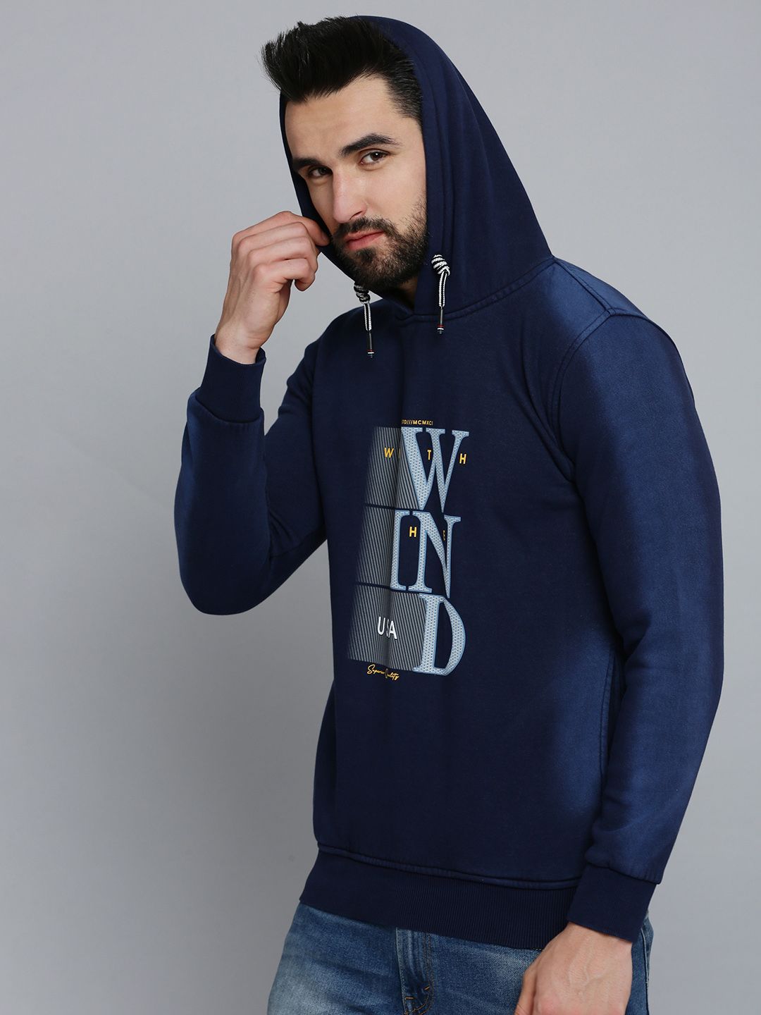  SHOWOFF Men Navy Blue Printed Hooded Cotton Sweatshirt