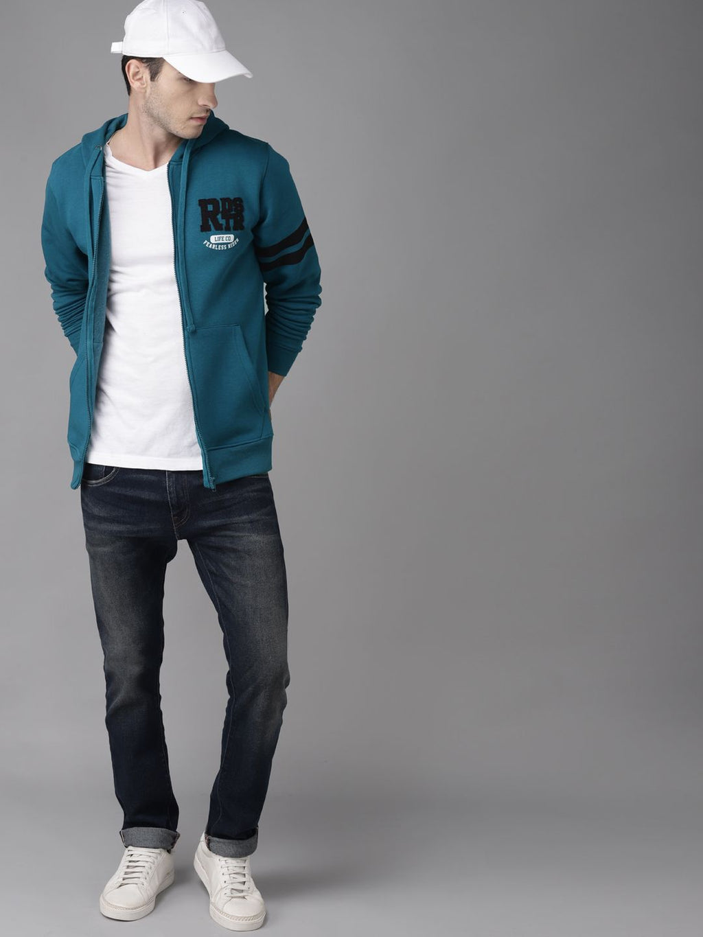  Roadster Men Teal Blue Solid Hooded Sweatshirt