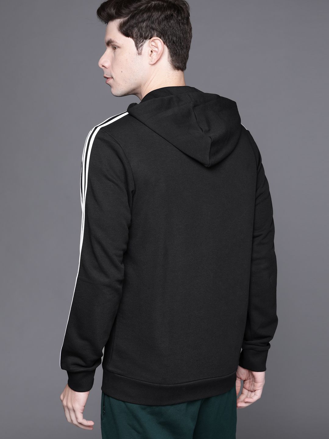  ADIDAS Men Black 3-Stripe FT Hooded Solid Sweatshirt