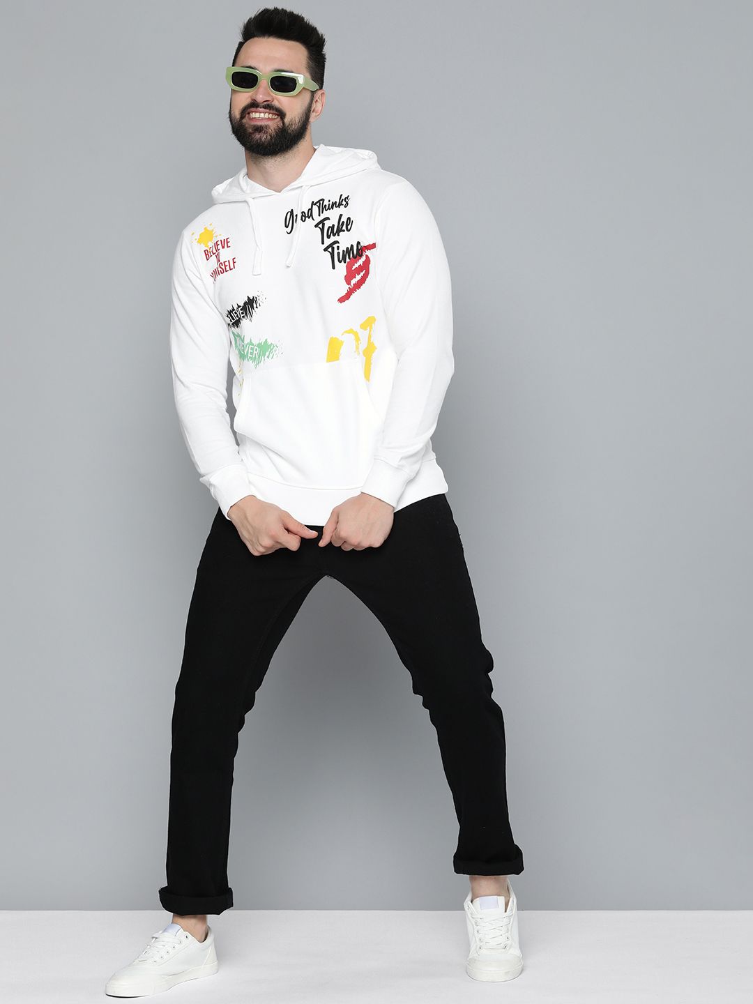  HERE&NOW Men Pure Cotton Printed Hooded Sweatshirt