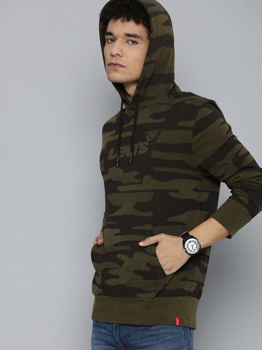  Levis Men Camouflage Printed Hooded Pure Cotton Sweatshirt With Brand Logo