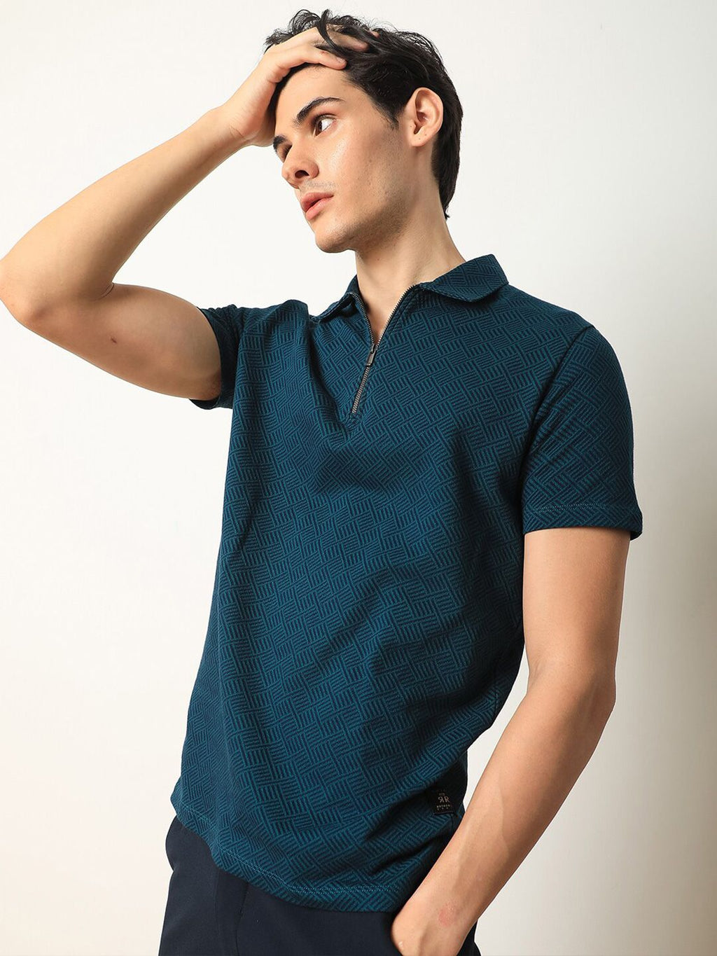  RARE RABBIT Geometric Printed Polo Collar Cotton Slim Fit T-shirt