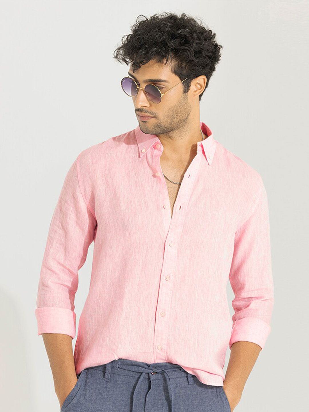  Snitch Pink Classic Slim Fit Linen Casual Shirt