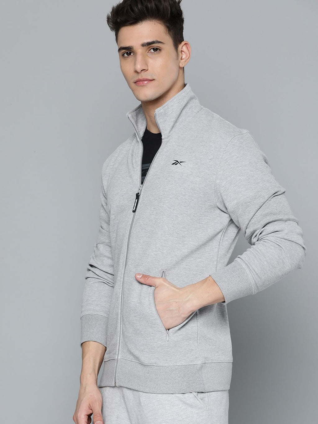  Reebok Men Grey Melange Solid ENH Training Track Sweatshirt