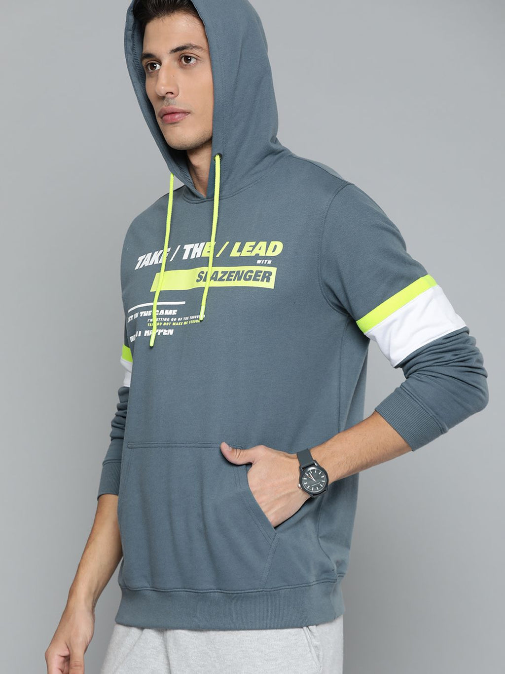  Slazenger Men Grey Printed Hooded Sweatshirt