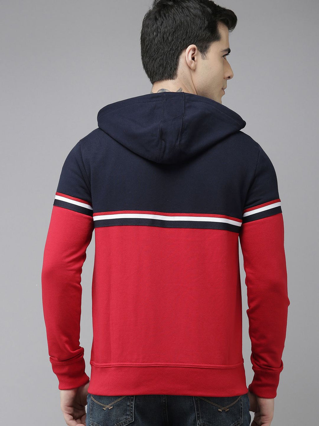 U.S. Polo Assn. U S Polo Assn Men Navy Blue & Red Colourblocked Hooded Sweatshirt