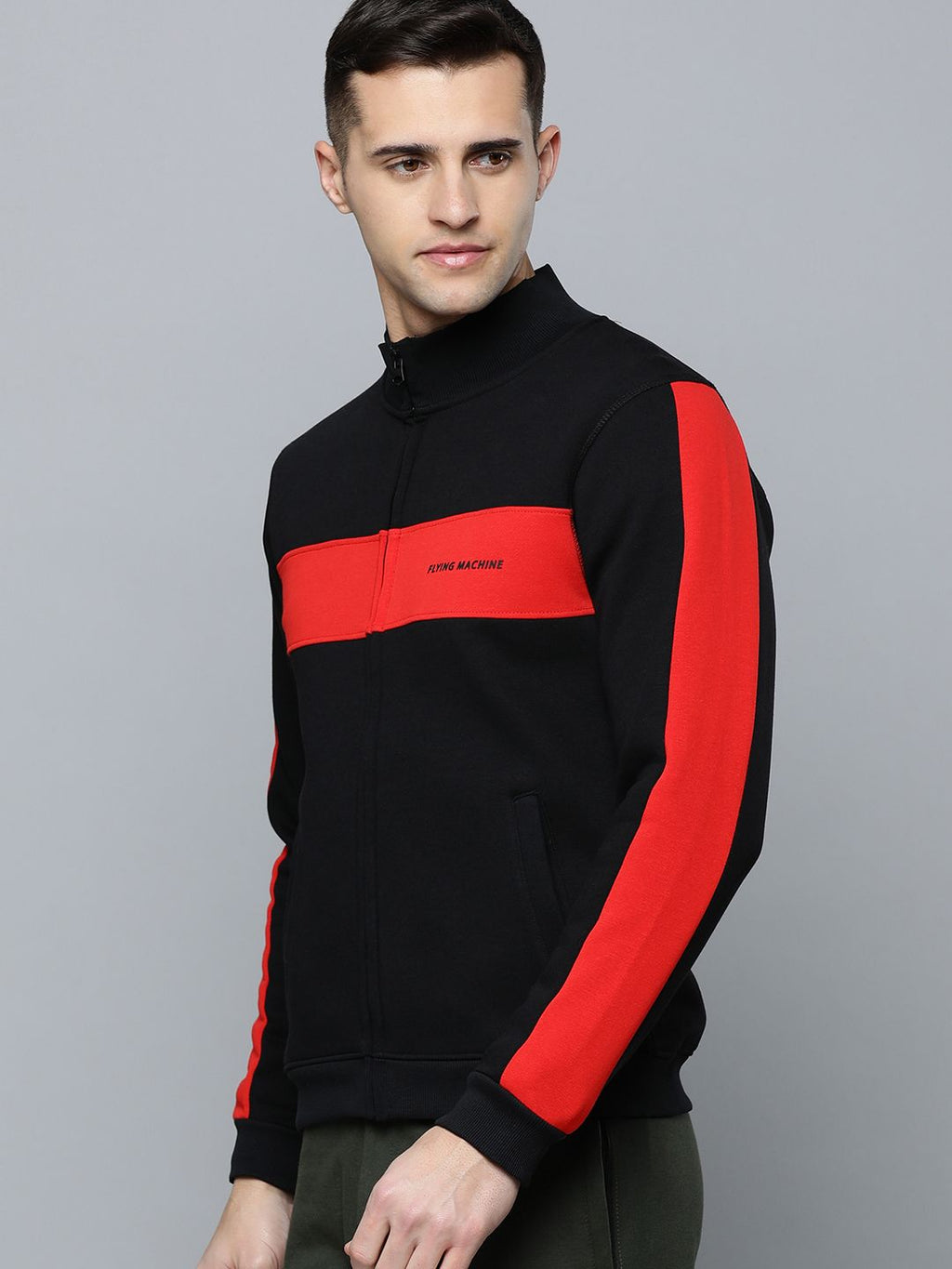  Flying Machine Men Black Block Stripes Front-Open Sweatshirt