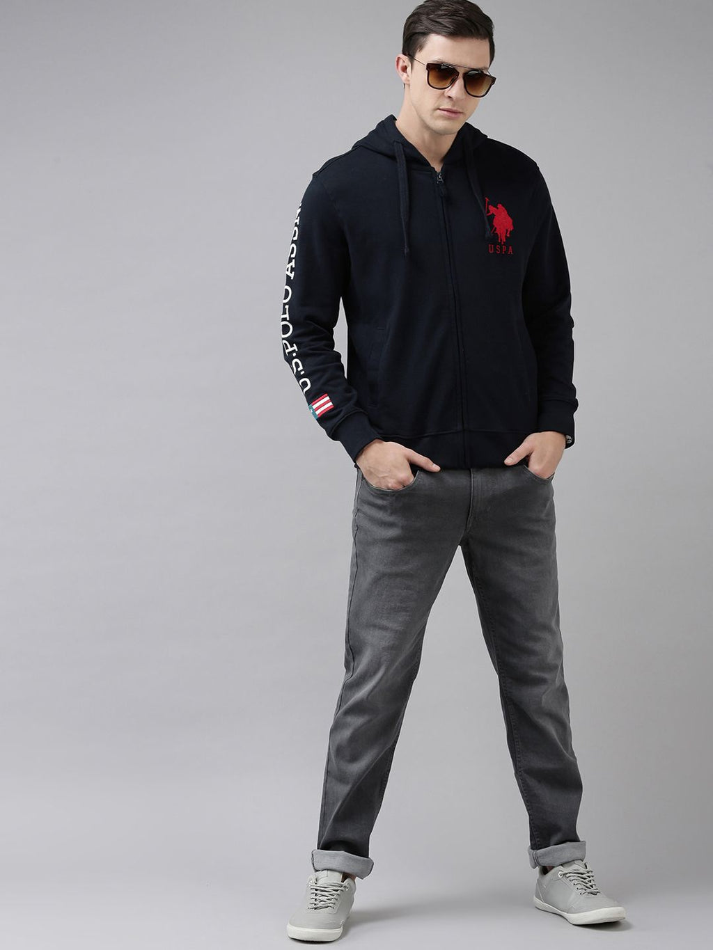 U.S. Polo Assn. U S Polo Assn Men Navy Blue Brand Logo Printed Hooded Front-Open Sweatshirt