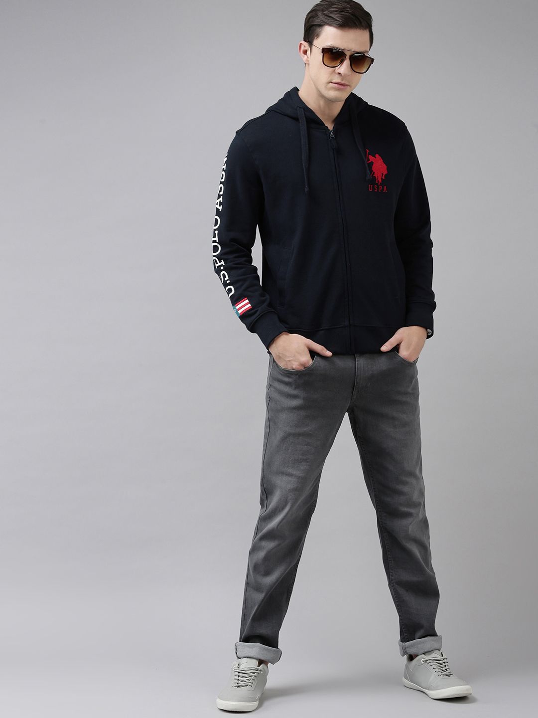 U.S. Polo Assn. U S Polo Assn Men Navy Blue Brand Logo Printed Hooded Front-Open Sweatshirt