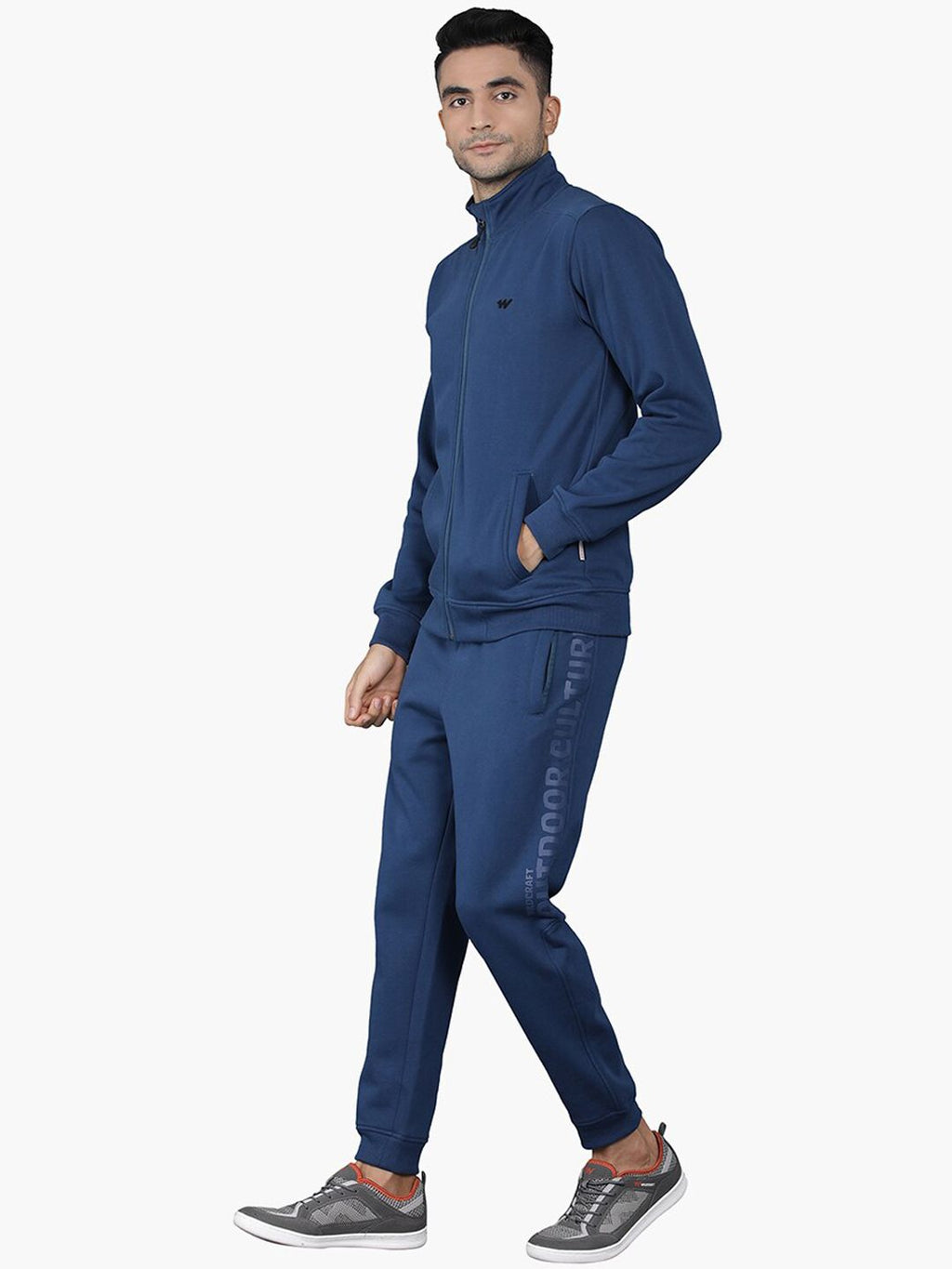  Wildcraft Men Navy Blue Brand Logo Print Ribbed Collar Relaxed-Fit Tracksuit