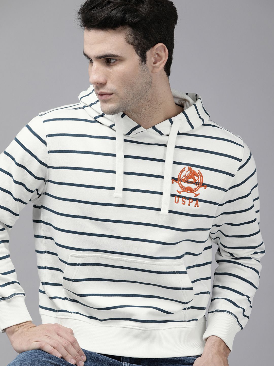U.S. Polo Assn. U S Polo Assn Men White Striped Hooded Sweatshirt
