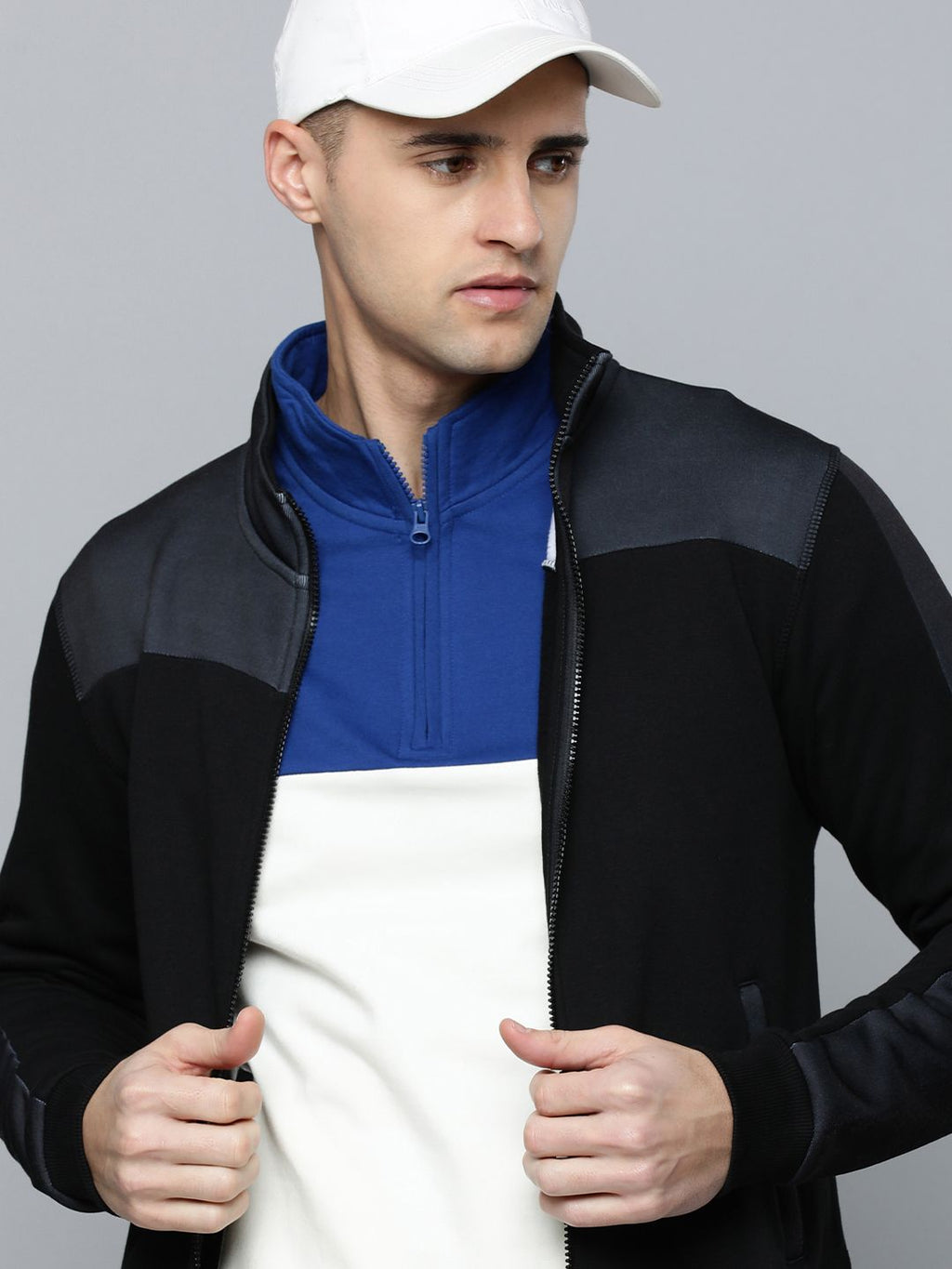  Flying Machine Men Black Colourblocked Front-Open Sweatshirt