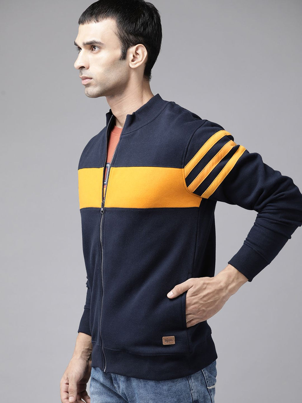  Roadster Men Navy Blue & Mustard Yellow Striped Sweatshirt