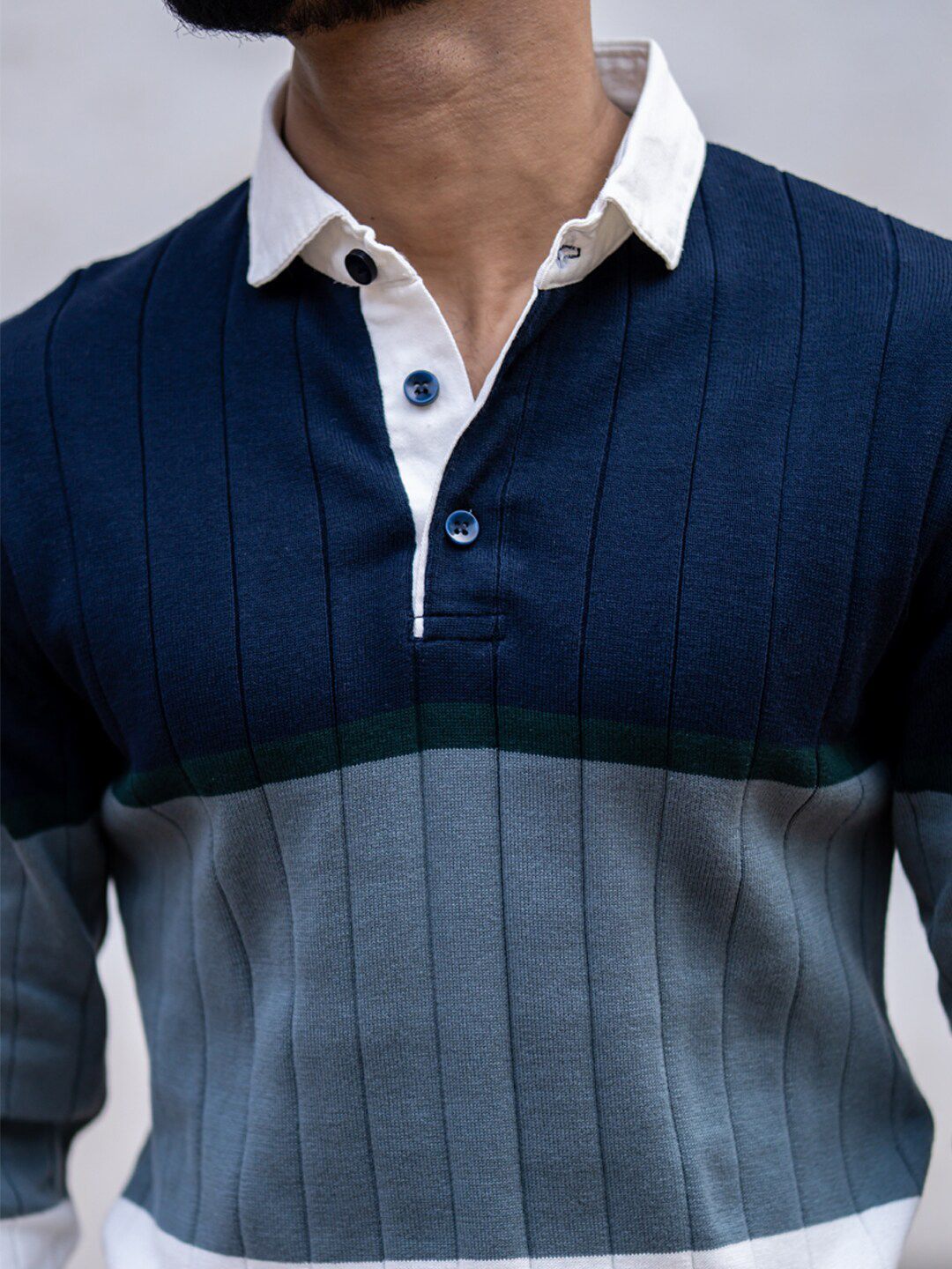  Powerlook Colourblocked Shirt Collar Ribbed Sweatshirt