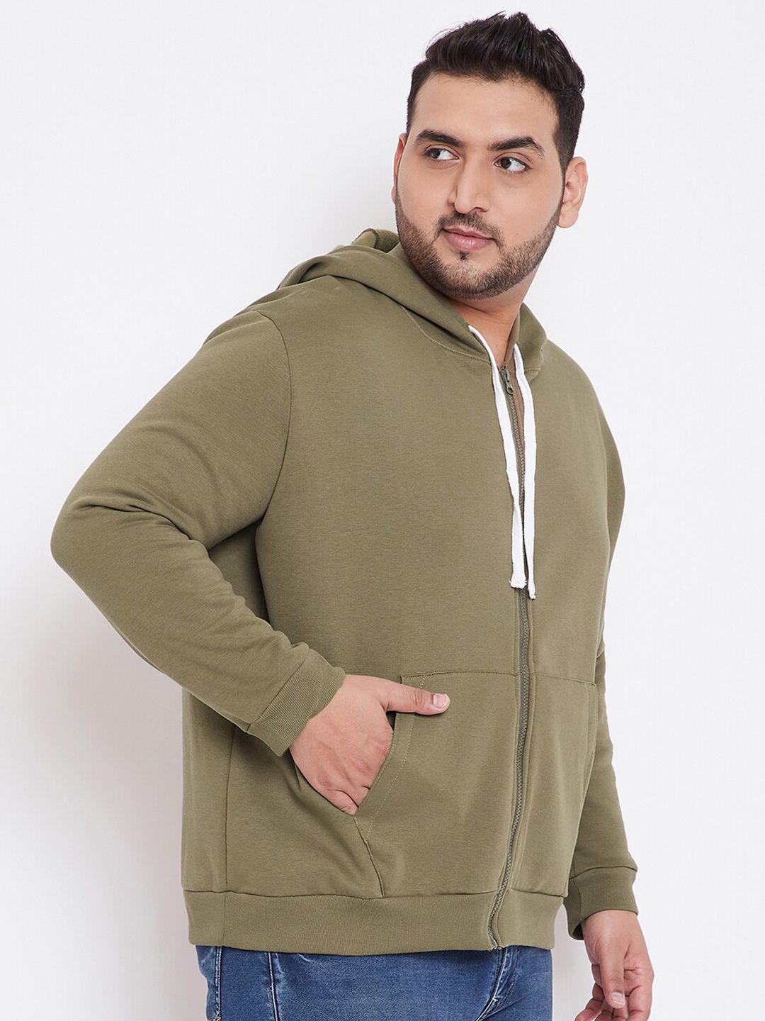  Instafab Plus Men Olive Green Solid Hooded Sweatshirt