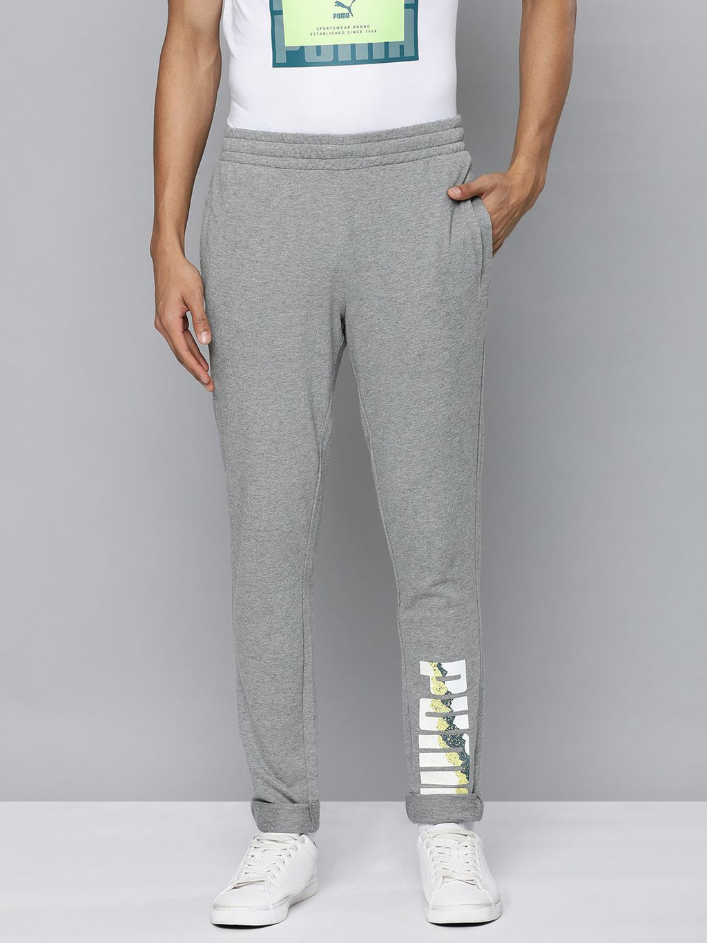  Puma Men Grey Melange Typography Printed Zippered Slim Fit Regular Track Pants