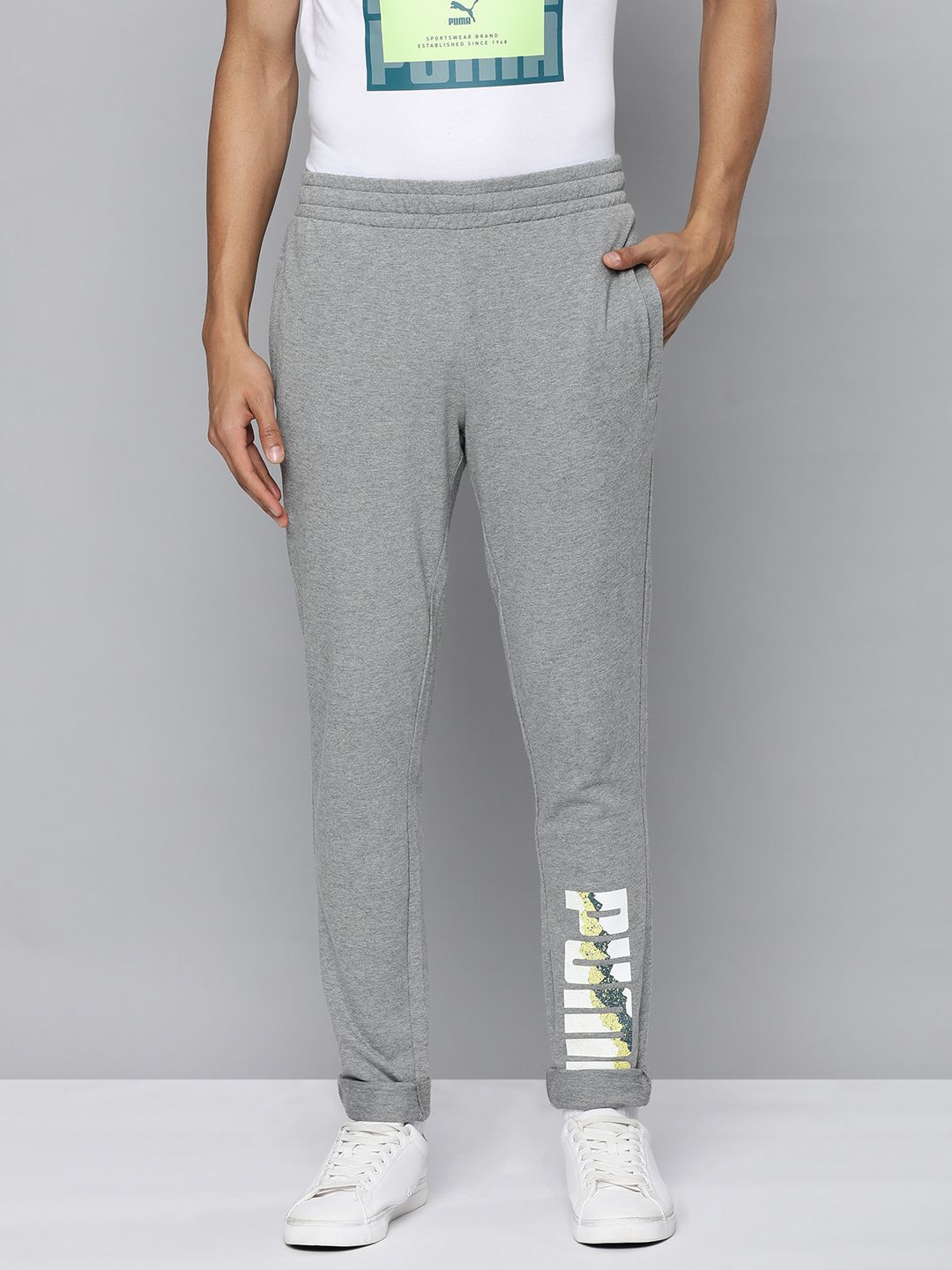  Puma Men Grey Melange Typography Printed Zippered Slim Fit Regular Track Pants