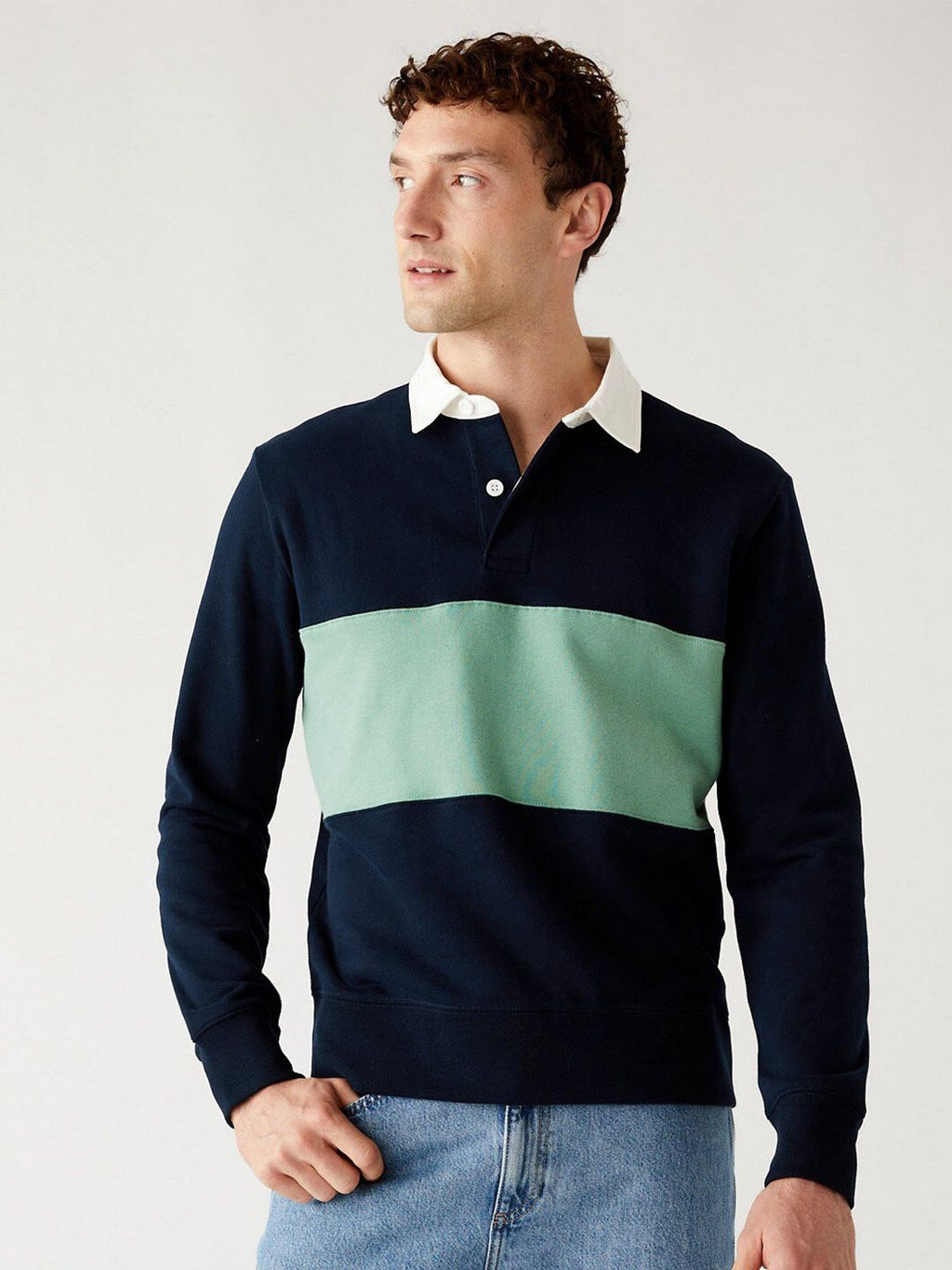  Marks & Spencer Men Navy Blue Colourblocked Pure Cotton Sweatshirt