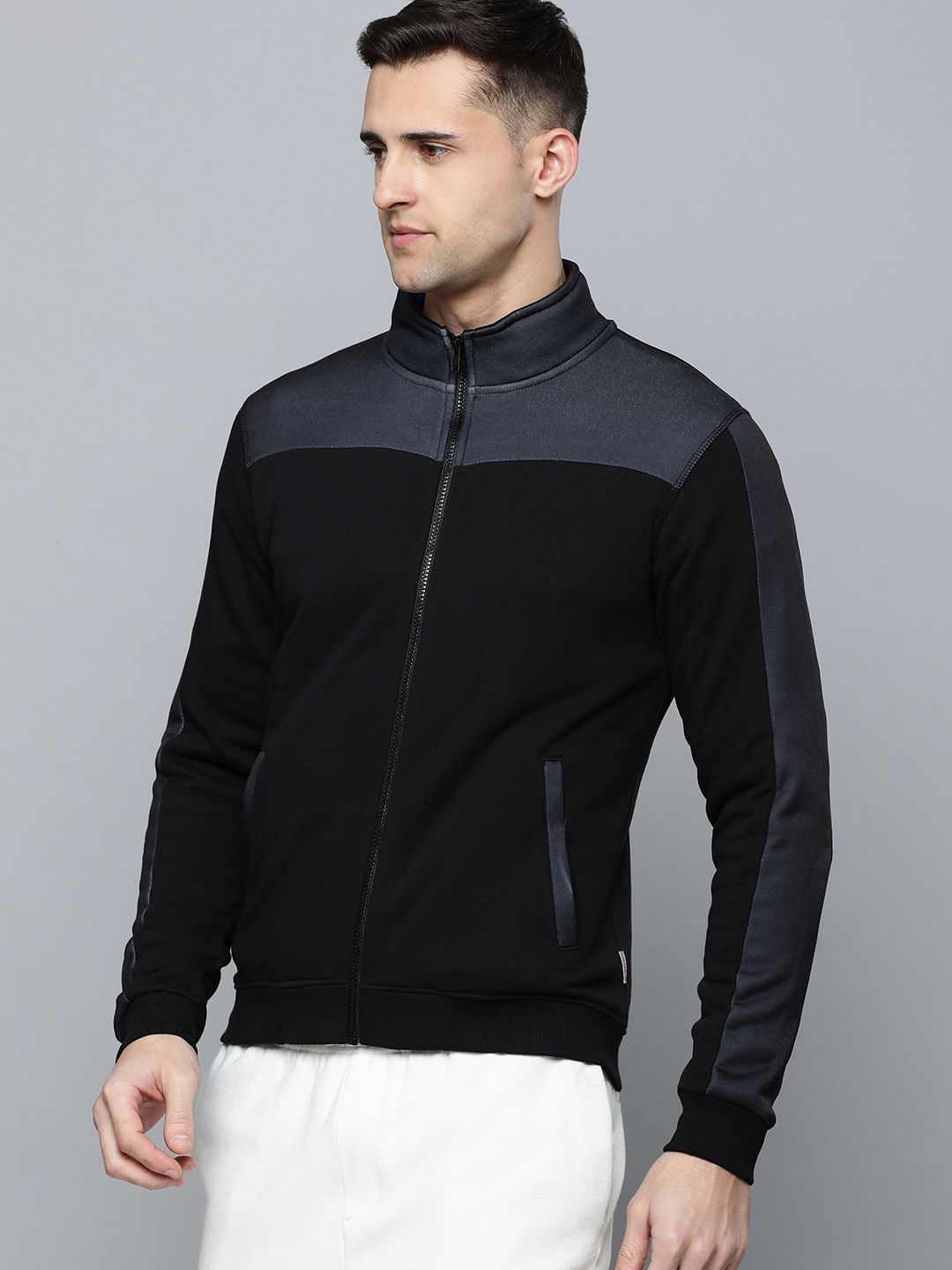  Flying Machine Men Black Colourblocked Front-Open Sweatshirt