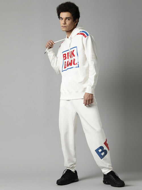  Breakbounce Men Off White Printed Hooded Pure Cotton Sweatshirt