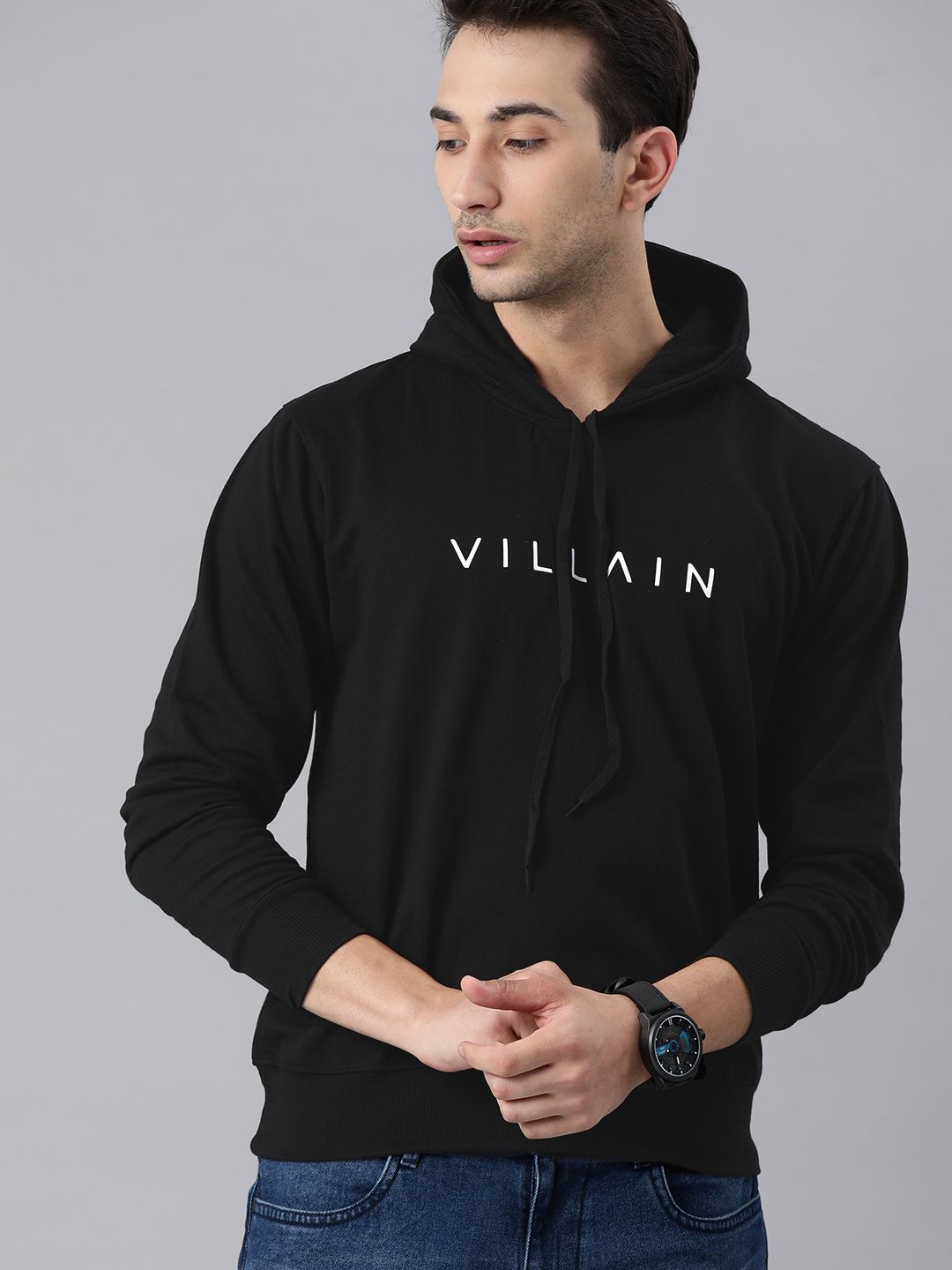  VILLAIN Men Black Printed Hooded Sweatshirt