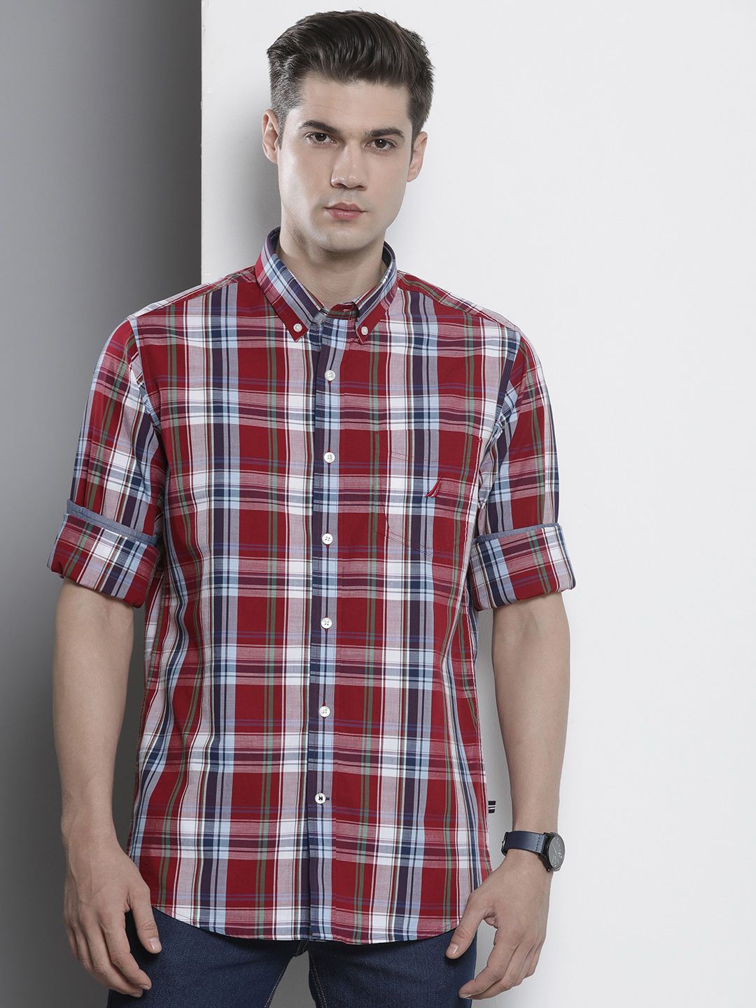  Nautica Men Pure Cotton Classic Tartan Checks Opaque Casual Shirt