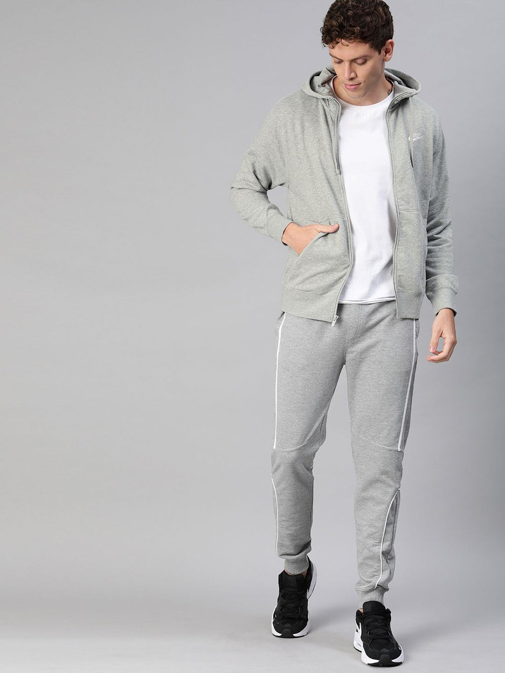  Nike Men Grey Melange Solid CLUB Hooded Sweatshirt