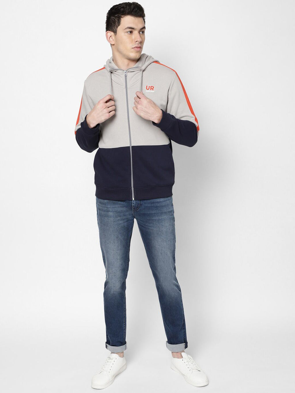  Lee Men Grey Colourblocked Hooded Sweatshirt