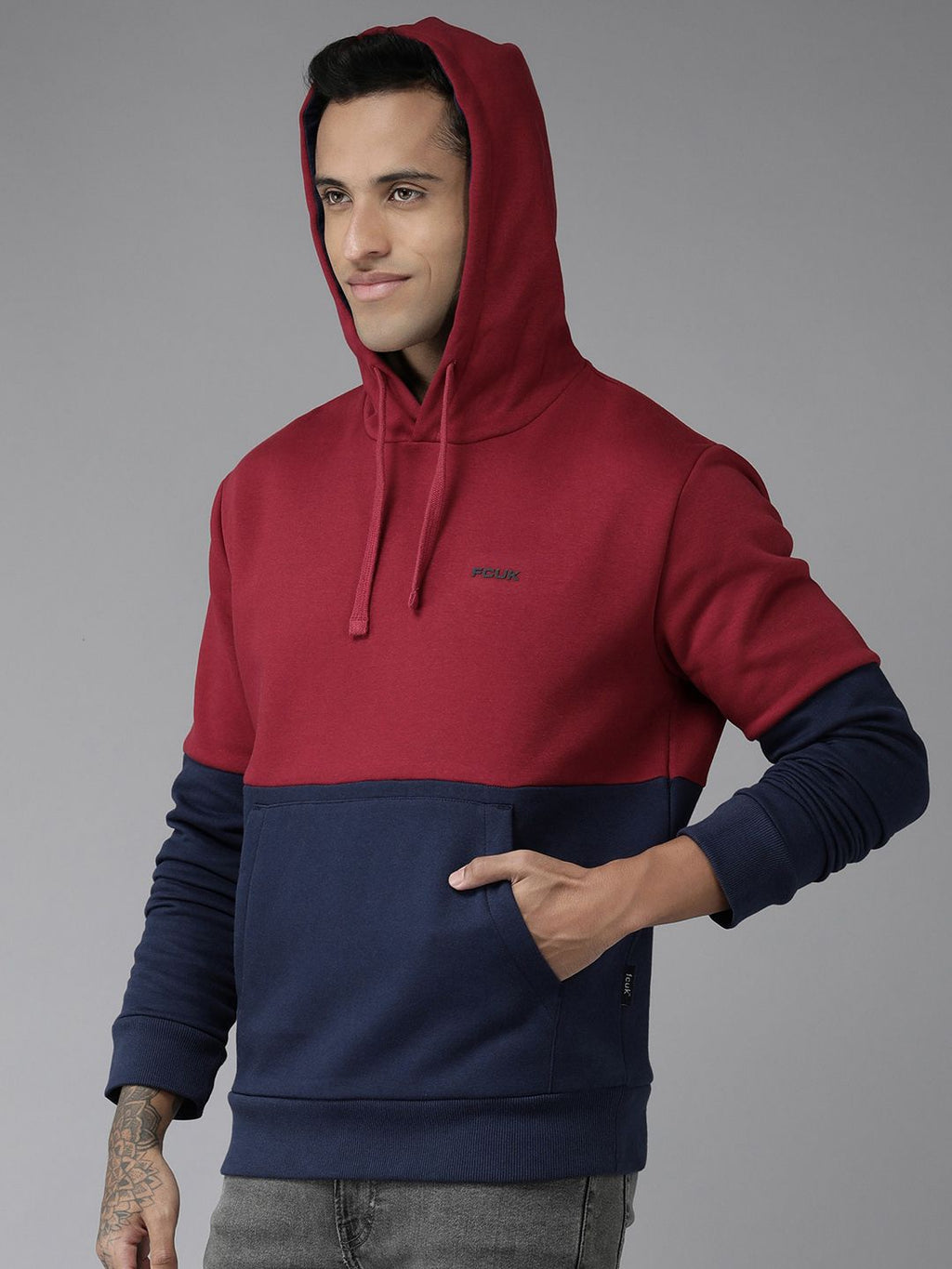  French Connection Men Red Colourblocked Hooded Sweatshirt