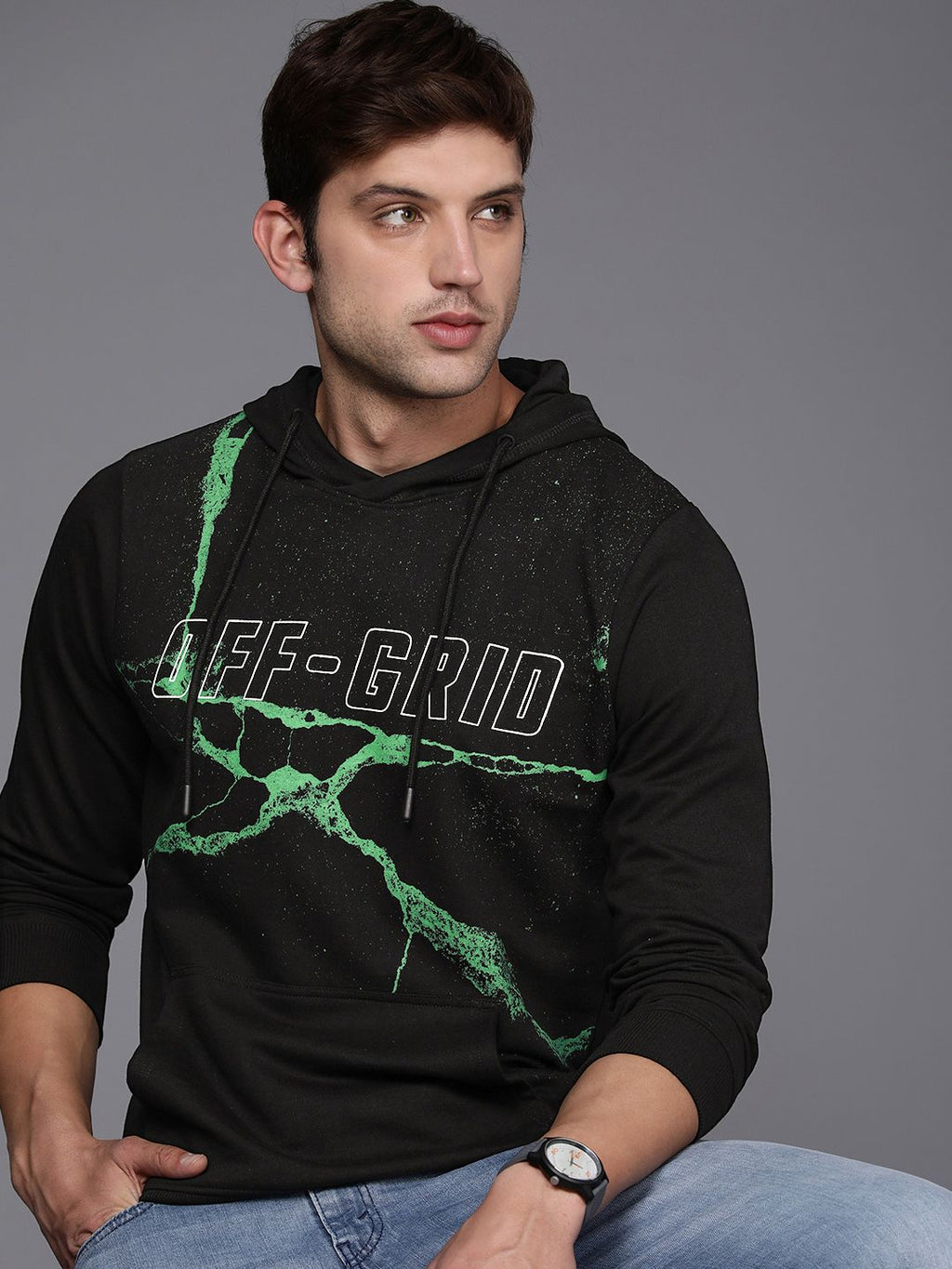  WROGN Men Black Printed Hooded Sweatshirt