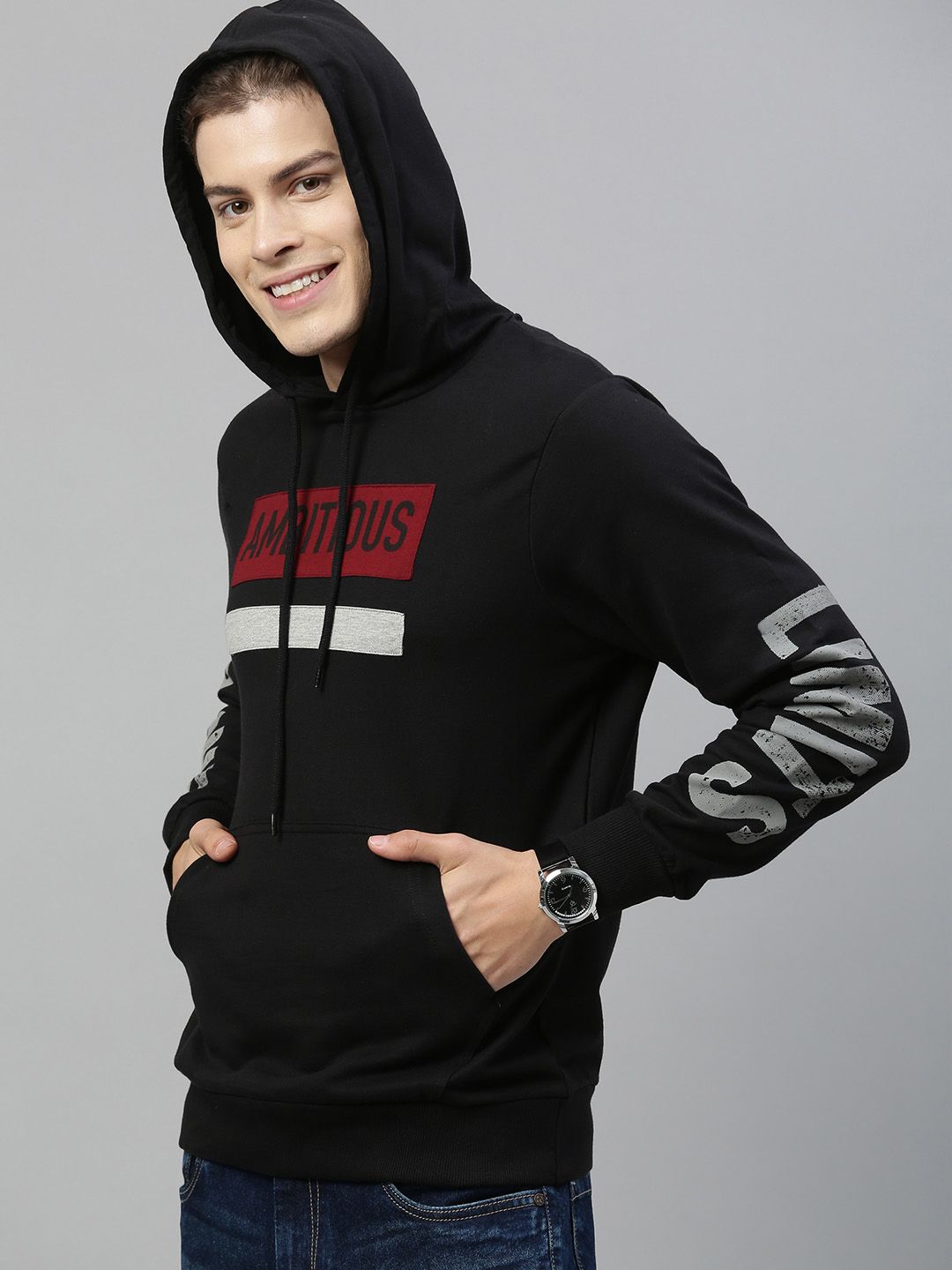  HERE&NOW Men Black & Red Printed Hooded Sweatshirt