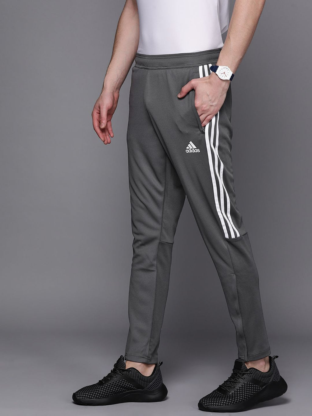  ADIDAS Men Grey Three-Striped Slim Tapered Track Pants