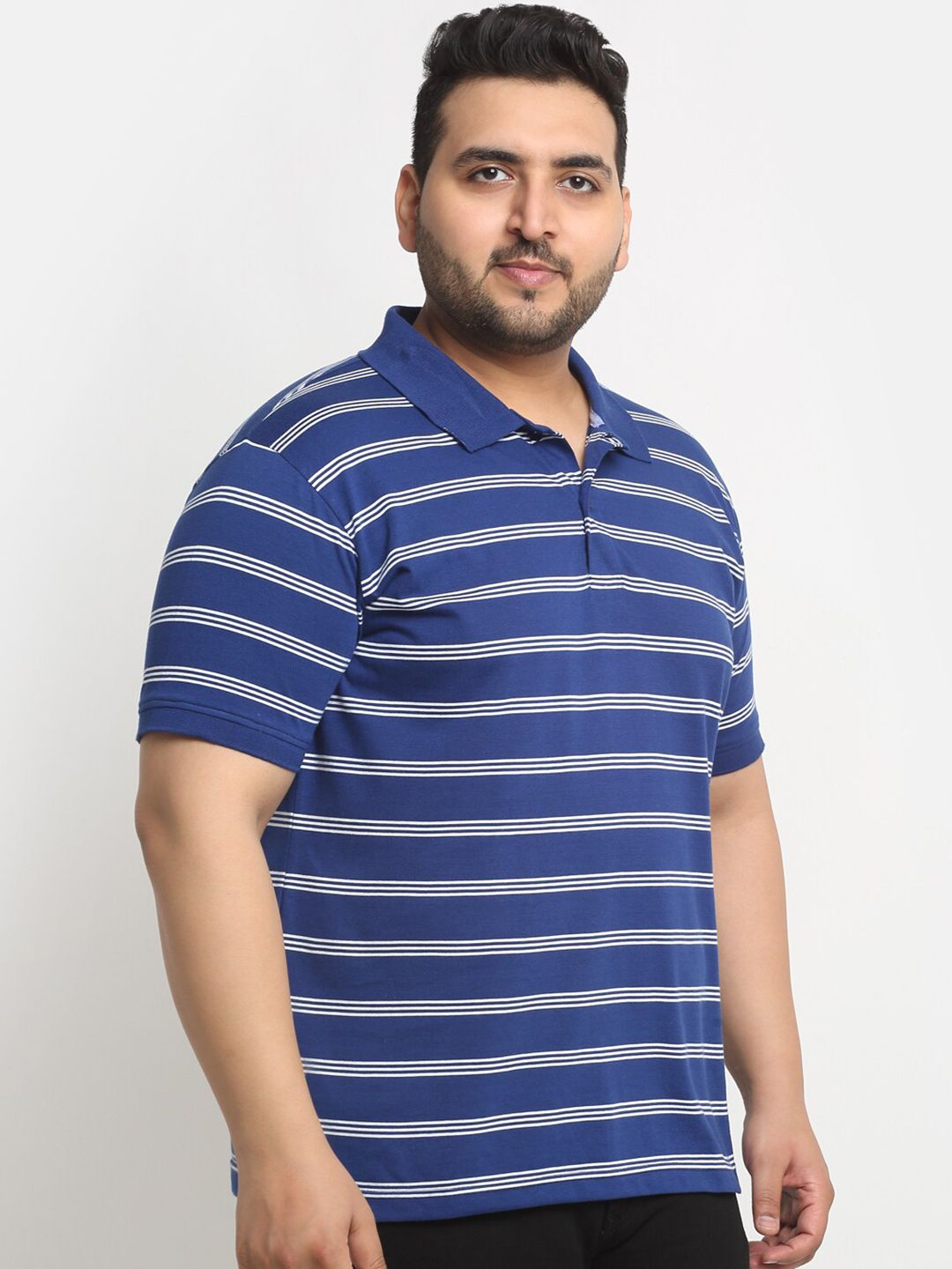  PlusS Blue Striped Polo Collar Pure Cotton T-shirt