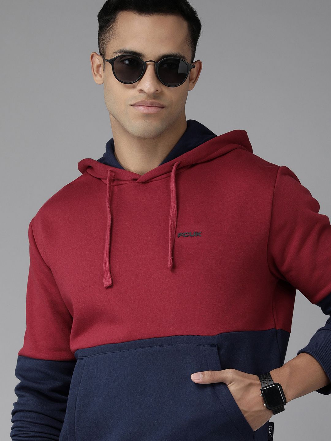  French Connection Men Red Colourblocked Hooded Sweatshirt