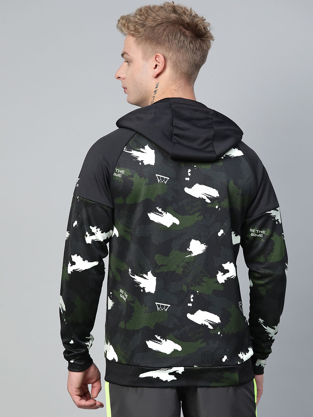  Alcis Men Olive Green & Black Camouflage Print Hooded Sweatshirt