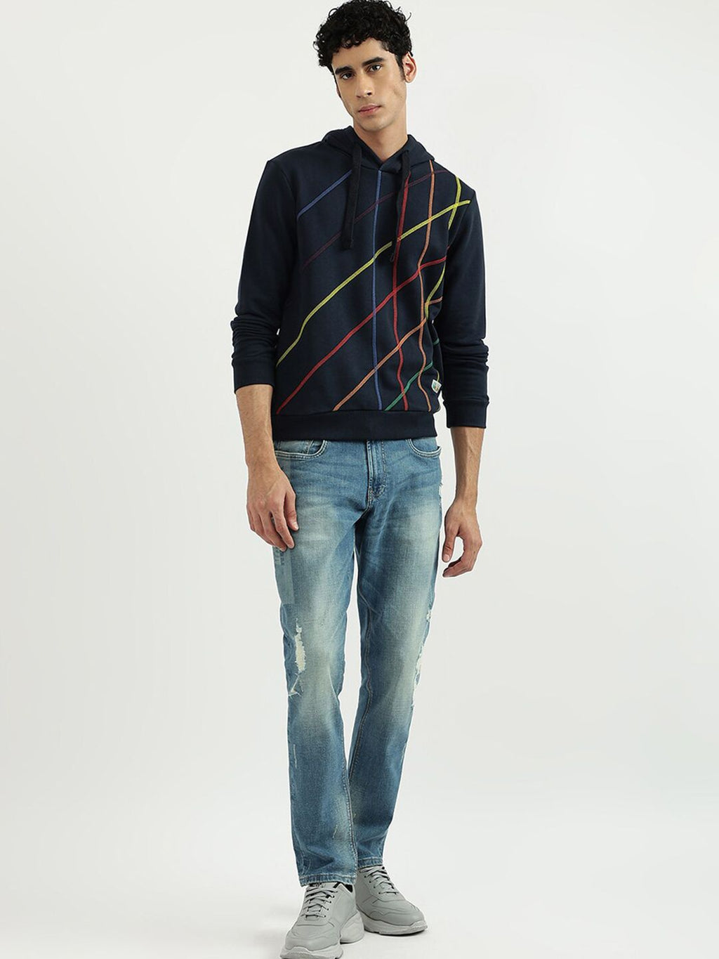  United Colors Of Benetton Men Black Striped Hooded Sweatshirt