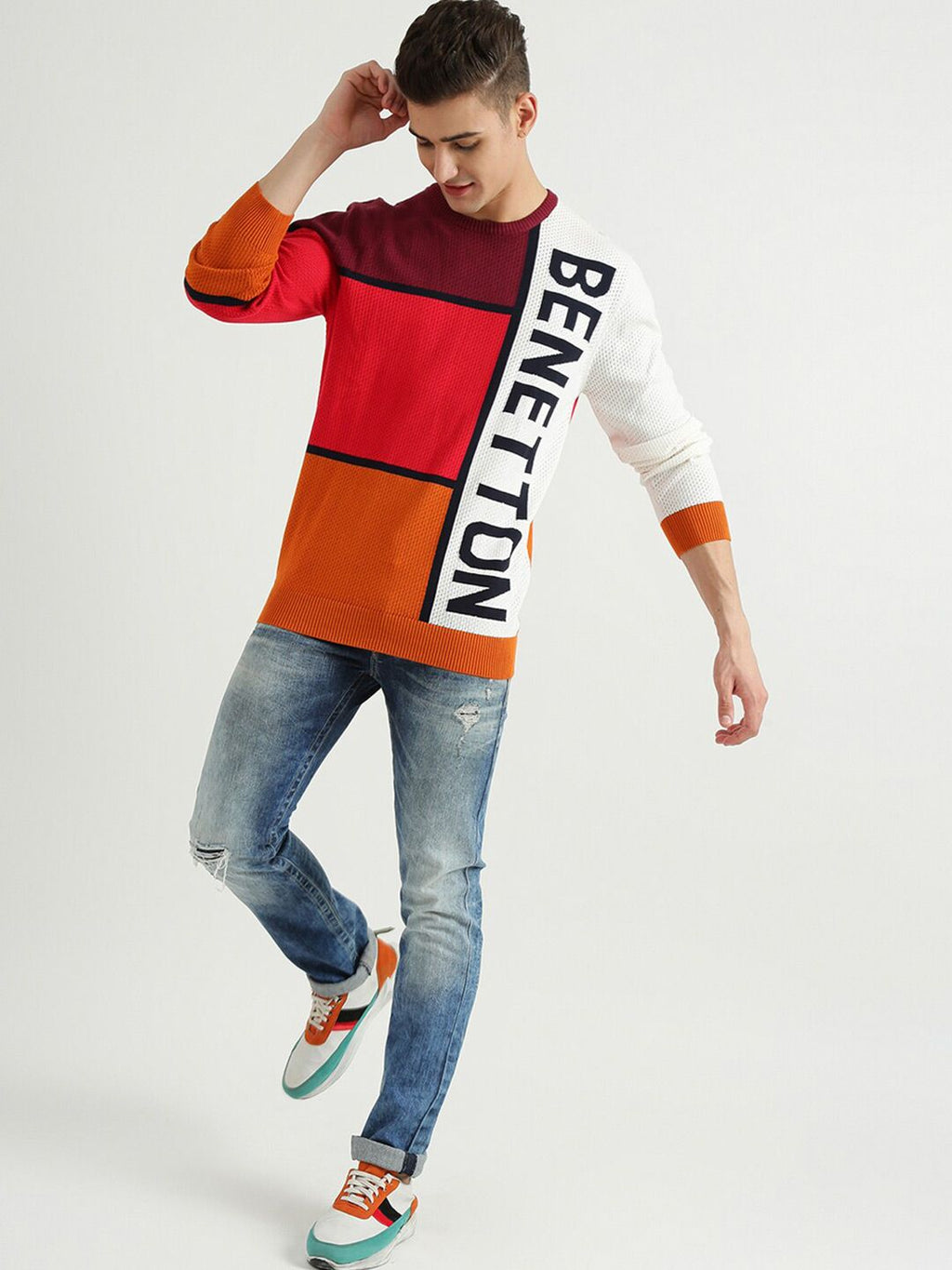  United Colors Of Benetton Men Red Colourblocked Sweatshirt