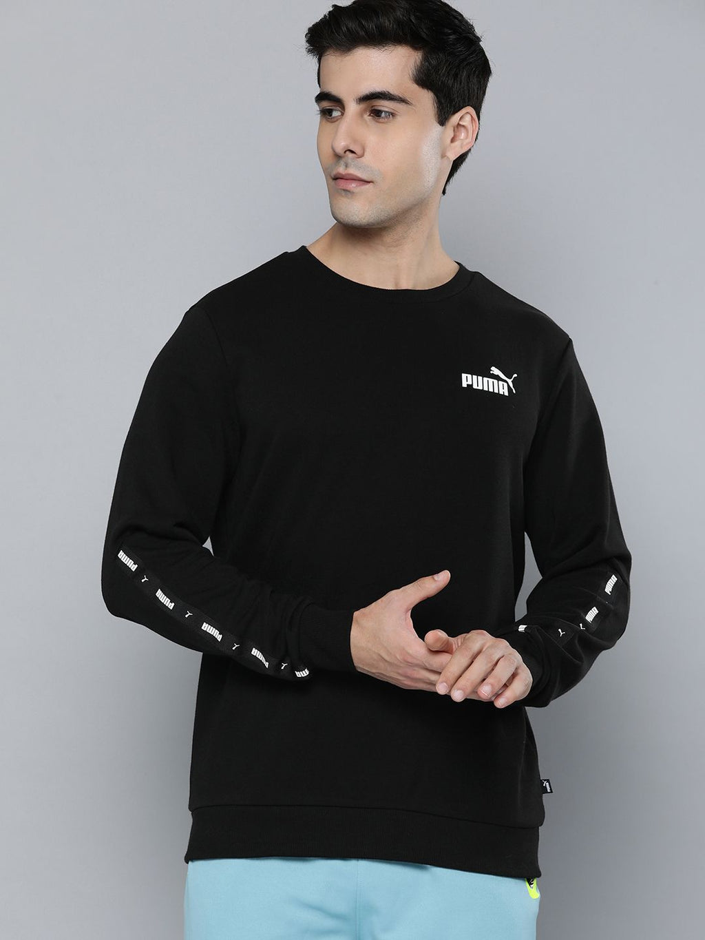  Puma Men Black Brand Logo Printed Tape CrewRegular Fit Pullover Sweatshirt