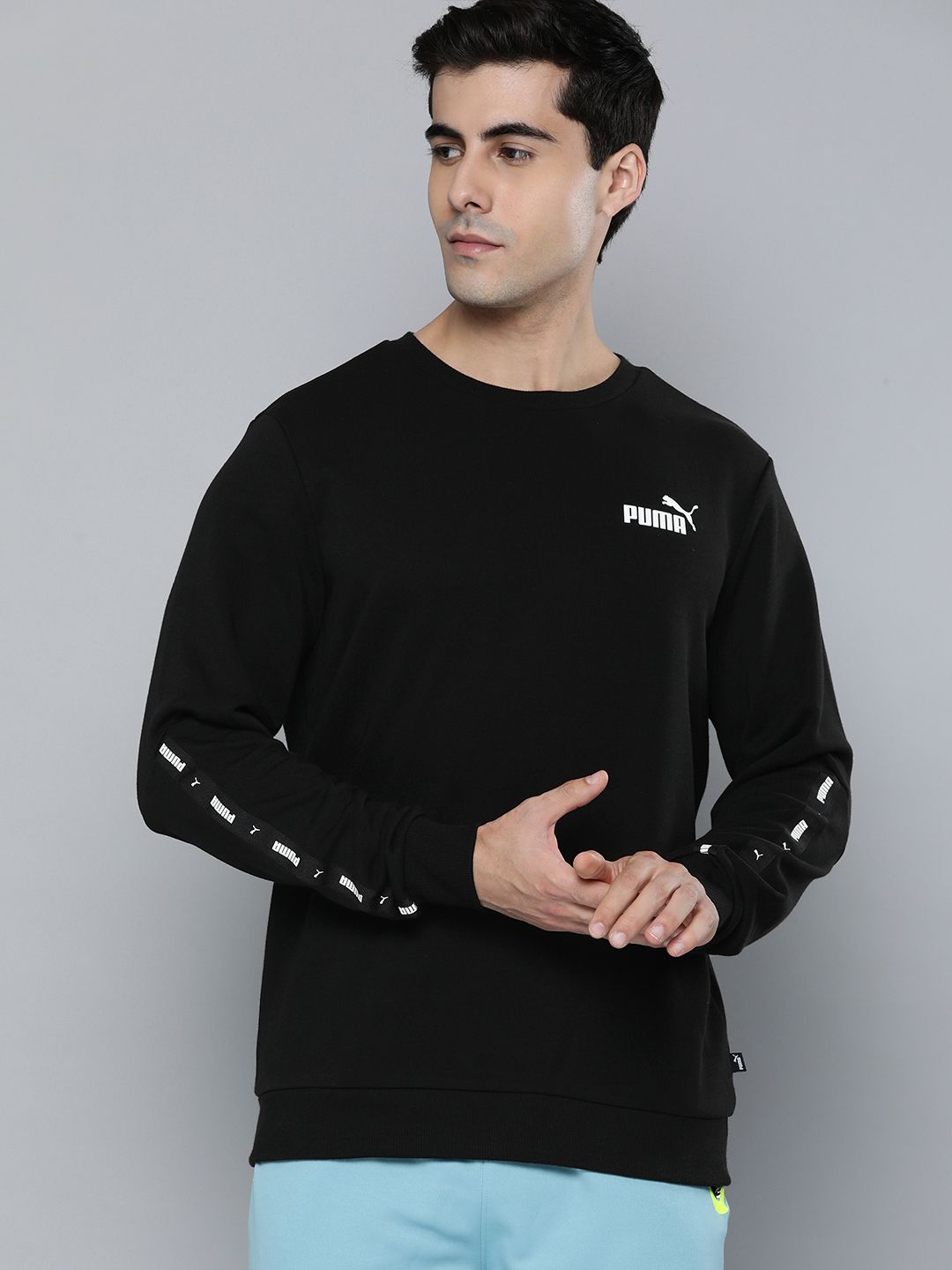  Puma Men Black Brand Logo Printed Tape CrewRegular Fit Pullover Sweatshirt