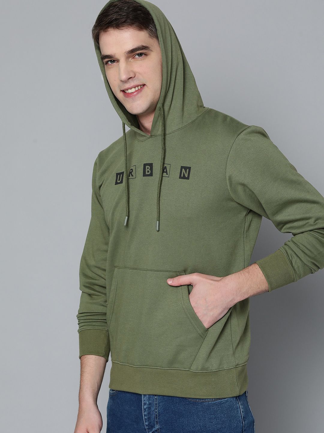  HERE&NOW Men Green & Black Printed Hooded Sweatshirt