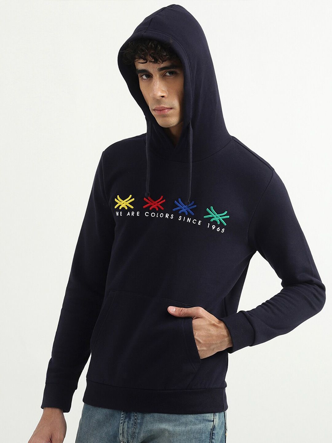  United Colors Of Benetton Men Navy Blue Printed Hooded Sweatshirt